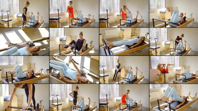 fitness exercises of women, using sport equipment, group training with coach, collage of multi shots