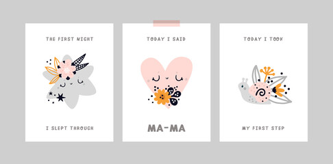 Baby milestone cards with cute cartoon star, heart, snail characters for newborn girl or boy. Baby shower print capturing all the special moments. Baby month anniversary card. Nursery prints