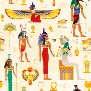 Egyptian vector seamless papyrus pattern with Osiris myth characters - god Osiris, Set, Horus, goddess Isis, Nephthys, pharaoh element - Ankh, Scarab, Tyet, eye Wadjet. Ancient historic art form Egypt