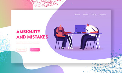 Male Character Pass Polygraph Exam for Employment or Police Interrogation Landing Page Template. Technician Read Questions to Man Connected to Lie Detector Circuit. Cartoon People Vector Illustration