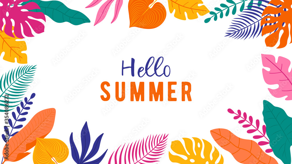Poster vector illustration in simple flat style with copy space for text. banner with colorful tropical lea