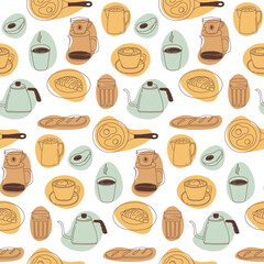 Breakfast seamless pattern with cappuccino, cups, coffee pot, milk, croissant, eggs, bread, avocado and abstract shapes. Repeated texture for cafe menu, shop wrapping paper.