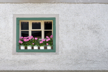 Window decorated with pink Geranium flowers, Salzkammergut, Austria
