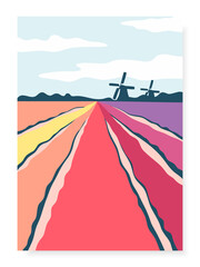Poster with abstract hand drawn tulip fields and mills. Netherlands landscape. Mills in the blooming tulip field. Field of tulips, flat design.