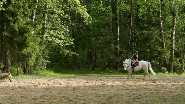 Woman riding horse through field.
