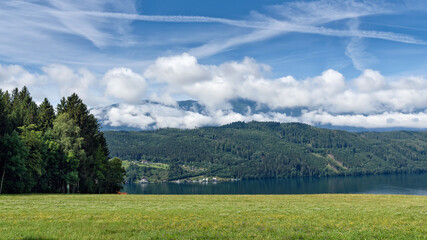 green summer meadow on the edge of a wood with view to lake Millstatt, in the background beautiful alpine landscape with some houses, mountain and forest, blue sky and white clouds, Carinthia, Austria