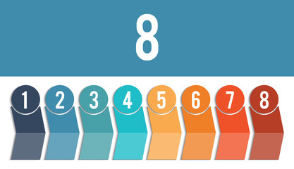  Timeline of colored arrows and numbered circles.  Design for 8 position. Template for  Infographic.