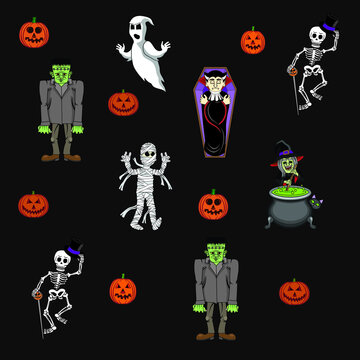 seamless background with cartoon Halloween characters 