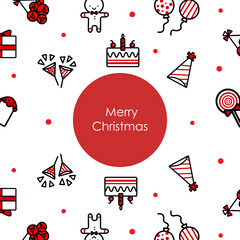 Hand drawing doodle icons template banner of Christmas elements including cake, balloon, gift, party hat, party popper, popsicle, lollipop, gingerbread, bouquet on white and red color.