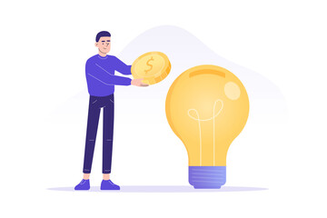 Crowdfunding concept. Successful business man investing money in big idea or business startup. Entrepreneur business strategy. Online service to donate, support or raise money. Vector illustration 