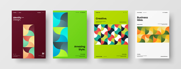 Fototapeta premium Company identity brochure template collection. Business presentation vector A4 vertical orientation front page mock up set. Corporate report cover abstract geometric illustration design layout bundle.