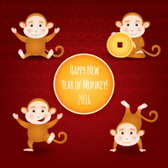 Happy 2016 new year, card with monkey cartoon, Oriental Happy Chinese New Year 2016 Year of Monkey Vector Design