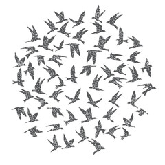 Silhouette of city flying birds on white background. Inspirational body flash tattoo ink. Set of textured stipple grey birds fly swallows, hand made. Vector.
