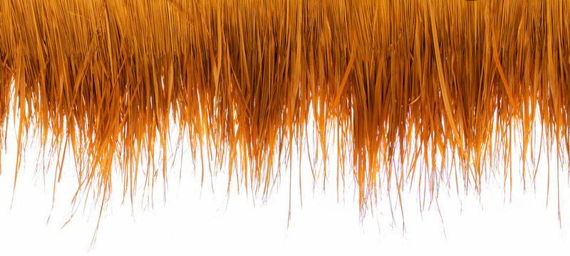 Roof Made From Dry Grass On White Background Of The Bar On The Beach During The Holiday Season.