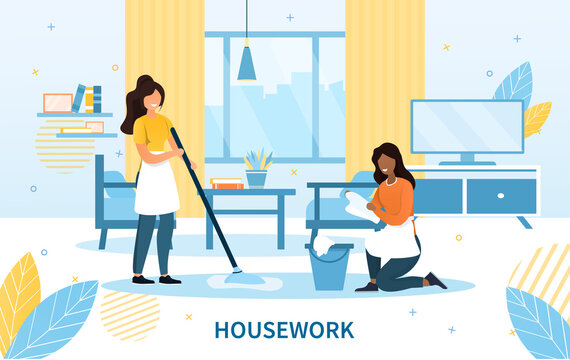 Cleaning Team With Two Maids In Aprons Doing The Housework Dusting And Mopping The Floor, Colored Vector Illustration