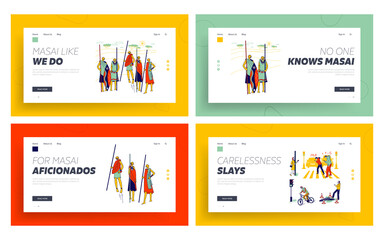 Obraz na płótnie Canvas Masai African Tribe, Characters Carelessness with Smartphones Landing Page Template Set. Warriors from Kenya Demonstrate Traditional Jumps. People Use Gadgets on Street. Linear Vector Illustration