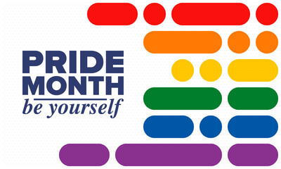 LGBT Pride Month in June. Lesbian Gay Bisexual Transgender. Celebrated annual. LGBT flag. Rainbow love concept. Human rights and tolerance. Poster, card, banner and background. Vector ilustration