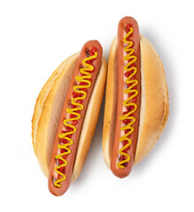 Hot dog with ketchup and mustard on white