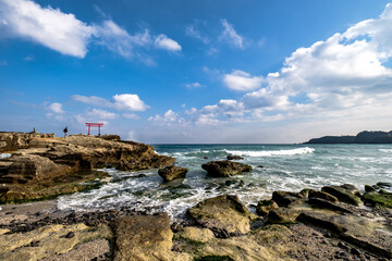 Shirahama Jinja Shrine Torii on the cliff by the shore in Izu Peninsula, Shizuoka, Japan