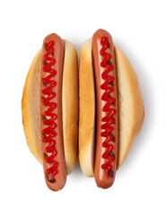 Hot dog with ketchup on white