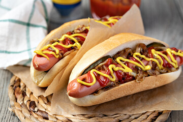 Barbecue Grilled Hot Dog with Yellow Mustard and ketchup