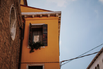 wooden window of a traditional colorful house. High quality photo