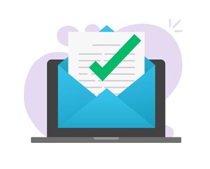 Approved email message notice in document online on laptop computer or digital mail letter success confirmed application icon flat symbol, concept of subscription newsletter or verified doc