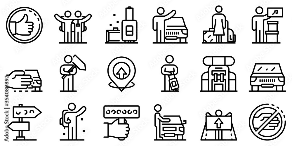 Poster hitchhiking icons set. outline set of hitchhiking vector icons for web design isolated on white back