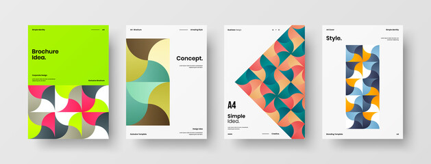 Fototapeta premium Company identity brochure template collection. Business presentation vector A4 vertical orientation front page mock up set. Corporate report cover abstract geometric illustration design layout bundle.