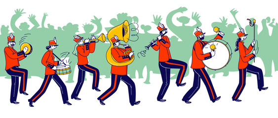 Military Orchestra Characters Wearing Festive Red Uniform and Hats with Plumage Playing Trombone, Tambourine and Drum Instruments during March Parade or Public Event. Linear Vector People Illustration - obrazy, fototapety, plakaty