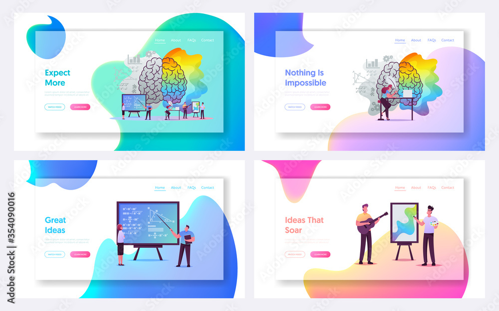 Poster creative and logic thinking landing page template set. tiny characters at huge human brain separated