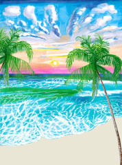 Fototapeta na wymiar Sea landscape with palms. Hand-drawn illustration.