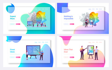 Fototapeta na wymiar Creative and Logic Thinking Landing Page Template Set. Tiny Characters at Huge Human Brain Separated on Left and Right Parts, Analytics Logical and Artists Mind. Cartoon People Vector Illustration