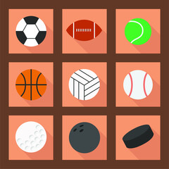 Fototapeta premium Simple web sport icons. flat ball symbols set. Sport equipment: soccer, football, tennis, volleyball, basketball, baseball, hockey, golf, rugby. Icons for web and application.