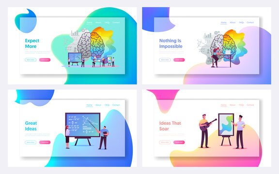 Creative and Logic Thinking Landing Page Template Set. Tiny Characters at Huge Human Brain Separated on Left and Right Parts, Analytics Logical and Artists Mind. Cartoon People Vector Illustration