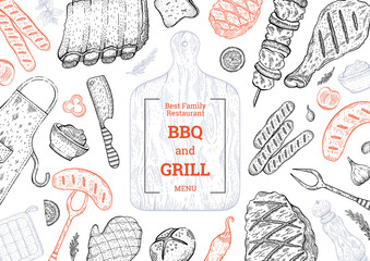 BBQ and Grill menu. Barbecue food party vector background with meat steak kebab chicken. Summer picnic poster design in vintage style. Doodle sketch flyer card illustration. BBQ Lunch template menu