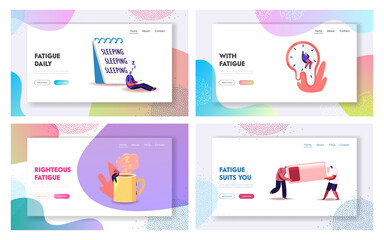 Fatigue Landing Page Template Set. Tiny Exhausted Characters at Huge Coffee Cup, Liquid Watches of Salvador Dali, Low Battery Power and Sheet with Sleep Writing. Cartoon People Vector Illustration