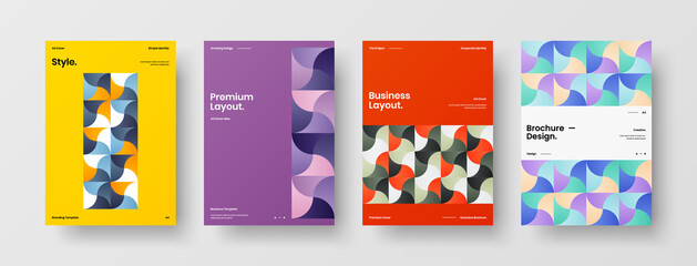 Fototapeta premium Company identity brochure template collection. Business presentation vector A4 vertical orientation front page mock up set. Corporate report cover abstract geometric illustration design layout bundle.