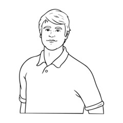 monochrome outline drawing of a man wearing a polo shirt. comic drawing.