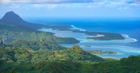 Fototapeta na wymiar French Polynesia, Huahine island landscape from the mountain Pohue Rahi, south Pacific ocean, Oceania