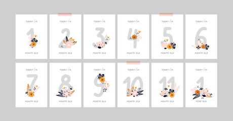 Baby milestone cards with flowers and numbers for newborn girl or boy. 1-11 months and 1 year. Baby shower print capturing all the special moments. Baby month anniversary card. Nursery print