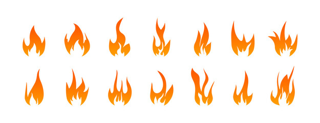 Fire gradient icons. Fire of various shapes. Vector flat icons.