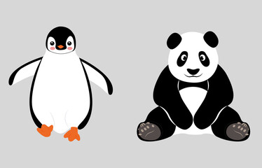 Cute animal character. Smiling penguin and panda illustration isolated on white background.