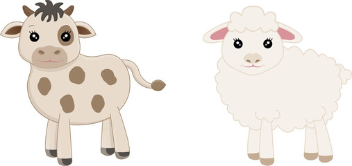 Cute animal character. Smiling cow and sheep illustration isolated on white background.