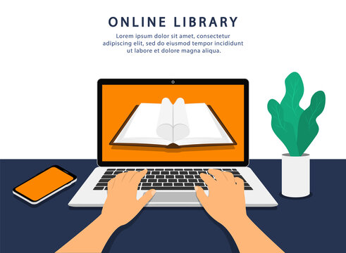Online library. Read book on laptop. Hands on a keyboard laptop. Stay home. Vector flat style.