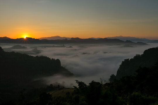 Sunrise and fog at Ban Ja Bo,Mea Hong Son province,Thailand.
