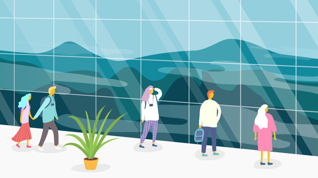Vector illustration. Minimalist flat cartoon landscape. Crowd of people looking at mountains through glass in observation hall. Concept of exploration, hiking, adventure tourism and travel. Panorama