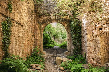 Fototapeta na wymiar Overgrown ruined, stone walls and arc doors of old, abandoned castle on the Tepec hill, above beautiful town of Samobor, now covered in ivy and foliage