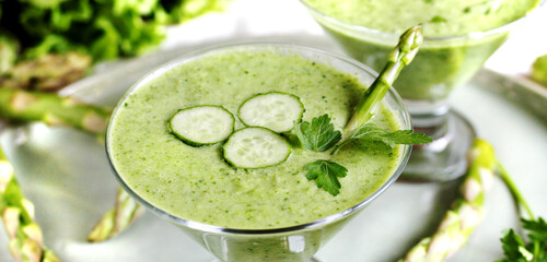 gazpacho cold soup from avocado, asparagus and cucumber. detox diet. Vegetarian dish. 