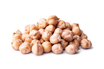Heap of raw chickpea beans isolated on white background. Healthy vegetarian food concept. Pile of uncooked chickpeas